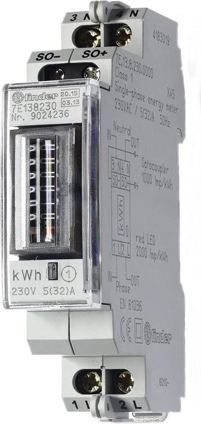 Finder 7E.13.8.230.0010 kWh-meter 1-fase Mechanisch 32 A Conform MID: Ja 1 stuk(s)