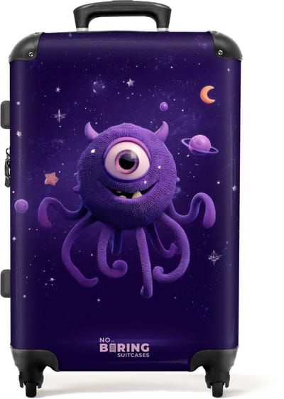 NoBoringSuitcases.com - Grote koffer - Paars monster in de sterrenhemel - Kinderkoffer geschikt voor jongen en meisjes - Reiskoffer met 4 wielen - Trolley op wieltjes - Rolkoffer groot kinderen - 72 liter - Ruimbagage valies 20kg