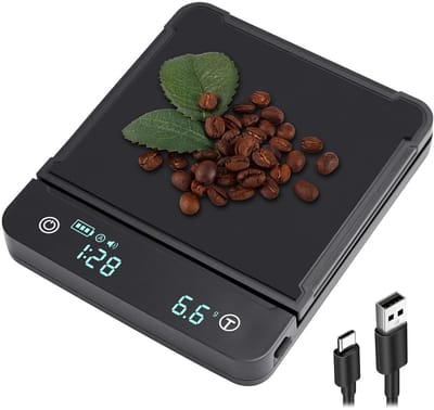Digitale Koffie Weegschaal met Timer en LED Display (0,3g–3kg) – Oplaadbaar, Nauwkeurig tot 0,3g, Inclusief USB-C Kabel, Ideaal voor Filterkoffie en Espresso