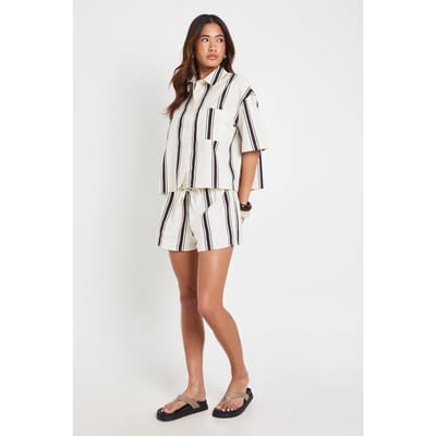 boohoo Dames Gestreept Linnen-look Boxy Shirt & Short Co-ord | Ecru | Maat: 34