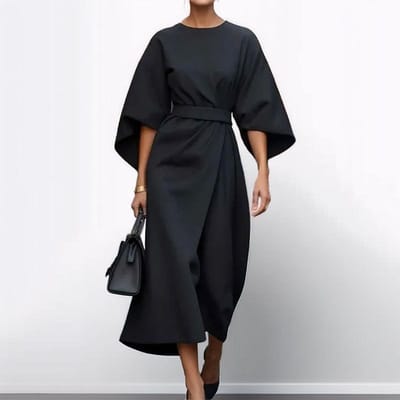 Elegante en modieuze lange rok voor dames, effen kleur, taille-sluitend, jurk met ronde hals en vleermuismouwen S black