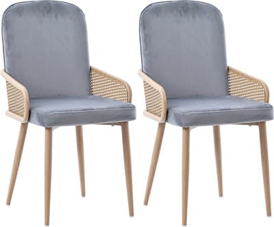 Sweiko Fluwelen eetkamerstoel, 2-delige set, rotan design, Woonkamer, Slaapkamer, Met vier metalen poten (houtnerf effect), Grijs