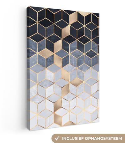 Canvas schilderij 20x30 cm - Wanddecoratie Kubus - Goud - Luxe - Patronen - Muurdecoratie woonkamer - Slaapkamer decoratie - Kamer accessoires - Schilderijen op canvas