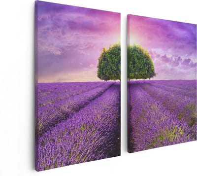 Artaza Canvas Schilderij Tweeluik Groene Boom In De Lavendel Bloemen - 80x60 - Foto Op Canvas - Canvas Print