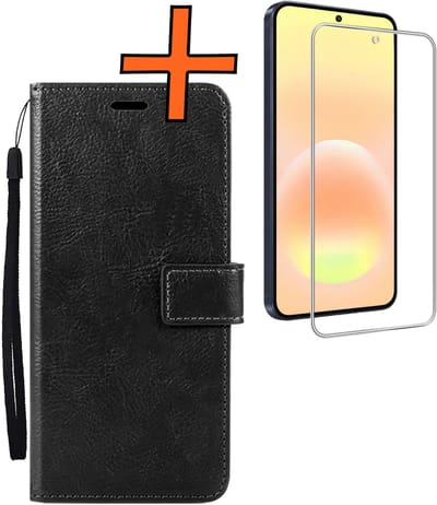 Hoes - Met Screenprotector - Geschikt voor Samsung Galaxy A57 - Luxe Pasjeshouder - Bookcase Portemonee - Flip Case - Kunstleer Book Case - Flipcase - Book Cover - Walletcase - PortemonneeHoes - Zwart