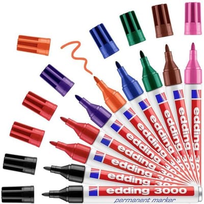 edding 3000 permanent marker - 10 kleuren - 10 stiften - ronde punt 1,5-3 mm - water en wrijfvast - voor karton, kunststof, hout, metaal, etc. - alcohol markers voor volwassenen
