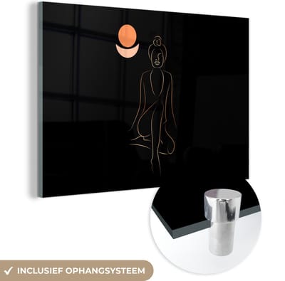 MuchoWow® Glasschilderij 60x40 cm - Schilderij acrylglas - Vrouw - Line art - Gold - Meditatie - Foto op glas - Schilderijen