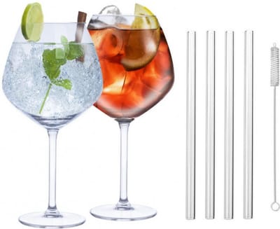 Set van 4x Gin Tonic cocktailglazen met 4x herbruikbare glazen rietjes - 730 ml - Cocktails drinken - Cocktails