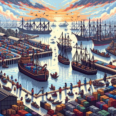 Pixel art haven schilderij | Haven of Pixels: A Mosaic Masterpiece of Maritime Majesty | Kunst - 100x100 centimeter op Canvas | Foto op Canvas