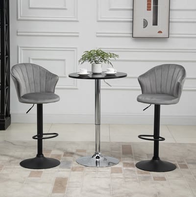 MEUNIQ 2 barkrukken draaibaar en hoogteverstelbaar met rugleuning en voetensteun, velvet grijs, 54 x 56 x 91-111 cm, zonder armleuning voor keuken en bar