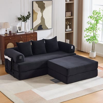 Modulaire corduroy compressiebank met voetenbank, stevig metalen frame, zijvak en 3 comfortabele kussens – extra dikke vulling voor extra comfort, vrij combineerbaar en veelzijdig. Zwart