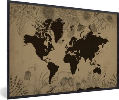 Poster in lijst - Fotolijst 90x60 cm - Posters - Wereldkaart - Vintage - Zwart - Posterlijst zwart - Decoratie - Wanddecoratie woonkamer - Muurdecoratie slaapkamer
