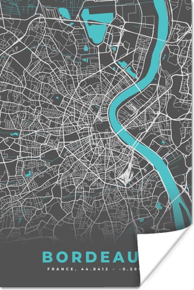 Poster Frankrijk - Stadskaart - Kaart - Plattegrond - Bordeaux - 120x180 cm XXL