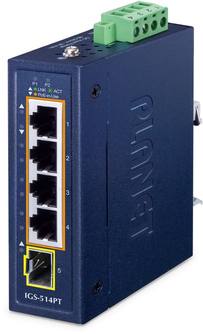 PLANET IP30 Compact size 4-Port IGS-514PT Unmanaged Gigabit Ethernet (10/100/1000) Power over Ethernet (PoE) Blauw