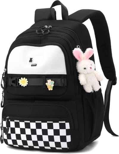 Kawaii Geruite Tiener Rugzak met Konijn Knuffel Sierhanger - Schattige Lichtgewicht Schoolrugzak voor Tieners - Meervaks Waterbestendige Studententas voor Middelbare School