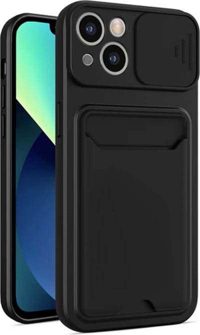 Smartphonica iPhone 14 Plus TPU Cover Case Hoesje met Camera Slide en Pashouder - Zwart geschikt voor iPhone 14 Plus