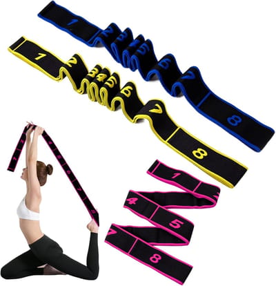 Thijox - 3 Stuks Yoga Stretchband - Weerstandsbanden met 8 Lussen - Polyester Katoen - 90 cm - Roze/Blauw/Geel - Voor Pilates, Yoga, Dansen en Trainin