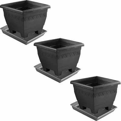 Hega Hogar Plantenbakken - 3x - antraciet grijs - kunststof - met onderschaal - 40 x 40 x 31.5 cm
