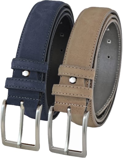 Landley Suede Pantalon Riemen Set - Suède Leren Heren Riemen Duopack - Leer - Blauw en Taupe - Lengte totaal 110 cm / Riemmaat 95