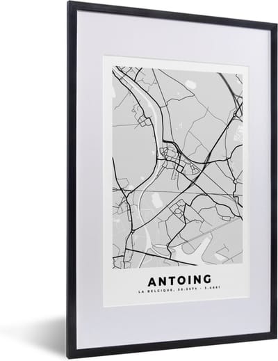 Fotolijst incl. Poster Zwart Wit- Zwart Wit – België – Plattegrond – Stadskaart – Kaart – Antoing - 40x60 cm - Posterlijst