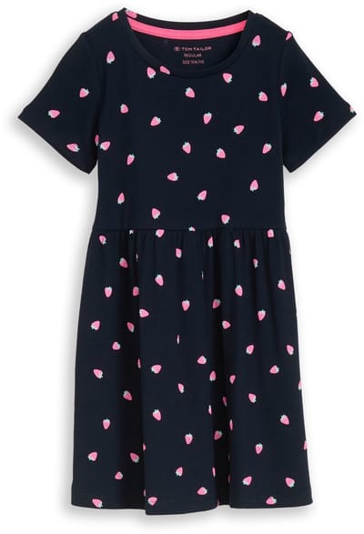Tom Tailor - Mini-jurk met geribbelde structuur - Maat 92/98 - small strawberry print