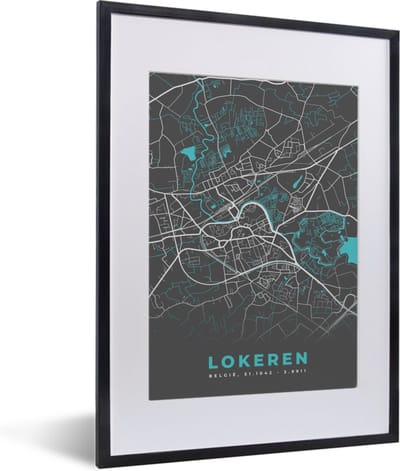 Fotolijst incl. Poster - Stadskaart – Grijs - Kaart – Lokeren – België – Plattegrond - 30x40 cm - Posterlijst