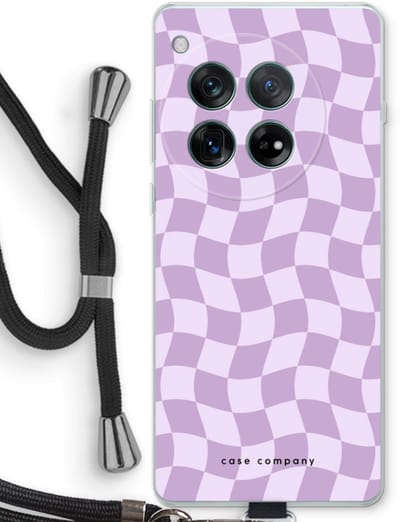 Case Company® - Hoesje met koord geschikt voor OnePlus 12r hoesje met Koord - Grid Paars - Telefoonhoesje met Zwart Koord - Bescherming aan alle Kanten en Over de Schermrand