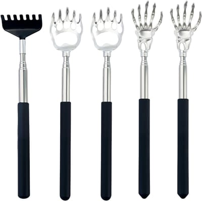 Dailygoods- Rugkrabber Set van 5 - Uittrekbare Rugkrabber - Telescopische Krabhand - Zwart/Zilver - Metalen/Rubberen Materiaal - 20,5 x 12 x 2 cm