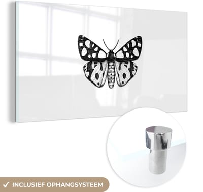 MuchoWow® Glasschilderij 40x20 cm - Schilderij acrylglas - Vlinder - Botanisch - Vintage - Zwart wit - Foto op glas - Schilderijen