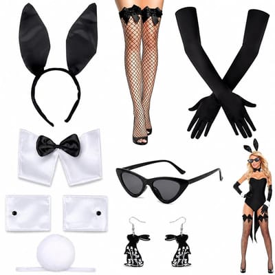 Dailygoods- Konijn Kostuum Luxe 7-delig - Bunny Accessoires - Oren/Staart - Handschoenen/Sokken - Oorbellen - Perfect voor Feesten
