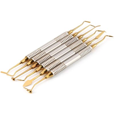 6 Pièces Spatule de Composite Dentaire Acier Inoxydable Revêtement Titane Manche Épais Outils de Réparation de Composite Résine doré