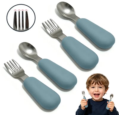 Babybestekset Vork & Lepel – 2 Sets (2 lepels + 2 vorken) – Bestek voor baby's en peuters – Eetgerei voor kinderen – Leerbestek voor zuigelingen – Roestvrijstalen vorken en lepels met korte siliconen handvatten – Babyvork- en lepelset – 11,5 x 2,8 cm