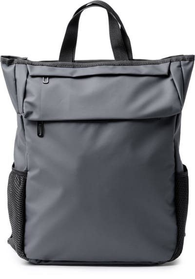Grijze Rugzak van PU-leer met ritssluiting. Breed binnenvak met uitneembaar vak voor 15" laptop.