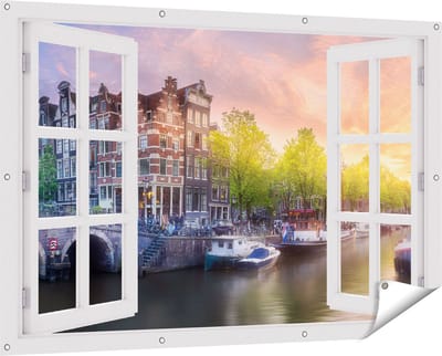 Gards Tuinposter Doorkijk Amsterdamse Grachten - 150x100 cm - Tuindoek - Tuindecoratie - Wanddecoratie buiten - Tuinschilderij
