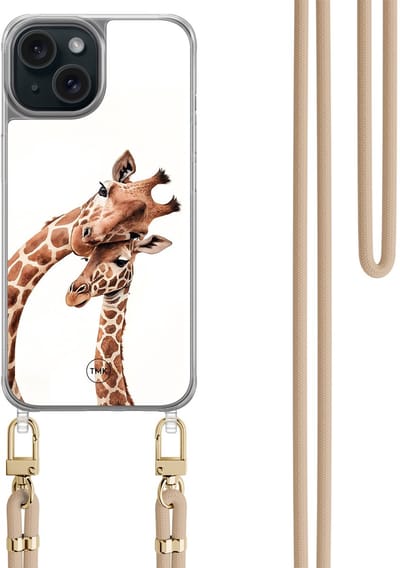 Casevibes - Telefoonhoesje met koord - Geschikt voor Apple iPhone 15 - Giraffen - Bruin - Print