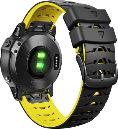 Siliconen bandje - geschikt voor Garmin Fenix 5 / 5 Plus / 6 / 6 Pro / 7 / 7 Pro / 8 (47 mm) / E (47 mm) / Epix (Pro) (2) 47 mm / Quatix 5 / 6 / 7 / 7 Pro / Approach S60 / S62 / S70 47 mm / MARQ / D2 Delta / D2 Mach 1 / Descent G1 - zwart-geel