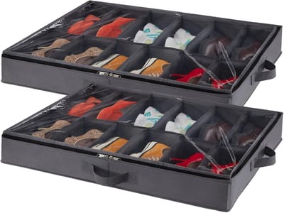 famanu 2 Opbergdozen voor Schoenen Onder Het Bed, Opvouwbare Opbergdoos voor Schoenen, Schoenenorganizer, Schoenenopbergtas, Schoenenorganizer Bedbox voor Heren Damesschoenen, 2 X 12 Paar