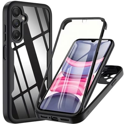 Zwart transparant telefoon hoesje geschikt voor Samsung A16 – schokbestendige case met voor en achterkant bescherming – full body cover – harde rand en doorzichtig design – dames en heren