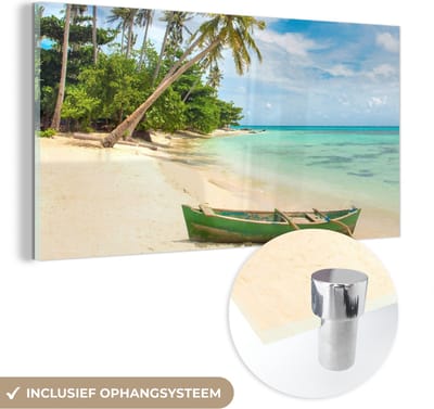 MuchoWow® Glasschilderij 40x20 cm - Schilderij acrylglas - Strand - Kano - Palmboom - Tropical - Foto op glas - Schilderijen
