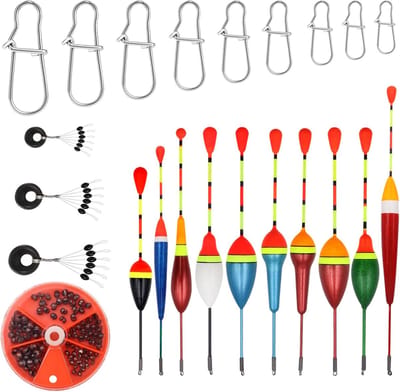 Thijox - Set van 10 Hengeldobbers met 6 Rubberen Stoppers, 18 Wervels en 100 Loodrood, Veelkleurige Drijvers voor Vissen in Meren en Vijvers, Geschikt
