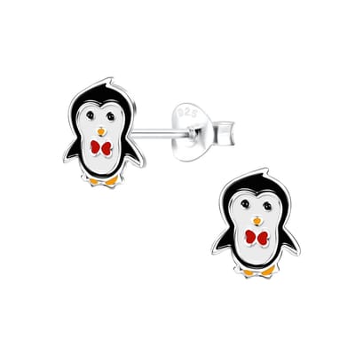 Zilveren oorstekers - kinderoorbellen pinguïn - rood strikje