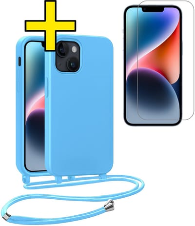 Hoesje Geschikt voor iPhone 13 Mini Hoesje Met Koord Met Screenprotector Siliconen Case - Hoes Geschikt voor iPhone 13 Mini Backcover Met Afneembaar Koord - Lichtblauw