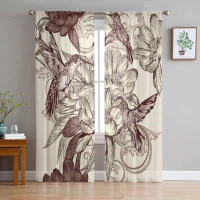 Vogels Bloemen Transparante Gordijnen voor Woonkamer Transparant Tule Raambekleding Slaapkamer Keuken Huisdecoratie Sluier Gordijnen 135W x 114H(cm) gray