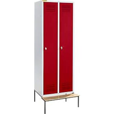 Schäfer Shop Genius Kledinglocker met zitbank, 2 compartimenten, 300 mm compartimentbreedte, veiligheidsdraaigrendelslot, lichtgrijs/robijnrood