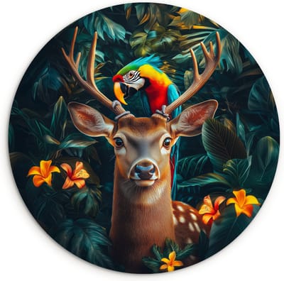 WallCircle® Wandcirkel 120x120 cm - Muurcirkel Hert - Papegaai - Jungle - Natuur - Bloemen - Muurdecoratie woonkamer - Wanddecoratie slaapkamer - Kamer decoratie accessoires - Ronde schilderijen XXL