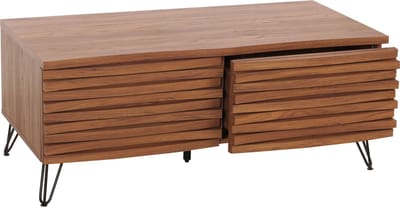 Salontafel MCW-M49, woonkamer tafel, 3D design 2 laden massief hout mango metaal 46x110x55cm ~ walnoot look