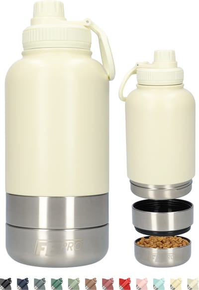 Honden drinkfles met voerbakken - Waterfles hond - Dubbelwandig - Thermosfles - Hondendrinkbak - Multifunctioneel - Hondenvoerbak - RVS Fles - Lekbestendige dop - BPA vrij - 1 Liter - Met handvat - Perfect voor onderweg - Créme Wit