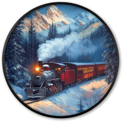 Poster in lijst Rond - Fotolijst 60x60 cm - Posters - Trein - Kerst - Sneeuw - Kersttrein - Ronde posterlijst zwart - Decoratie - Wanddecoratie woonkamer - Kerstdecoratie voor binnen - Kerstversiering - Kerstmis versiering in huis - Kerstaccessoires