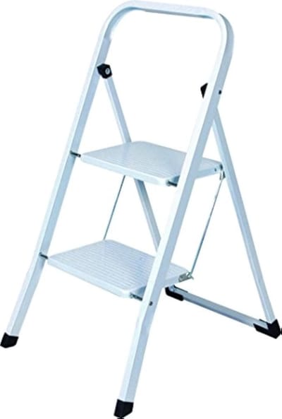 Famanu - Trapladder van staal met 2 treden, stevig en compact, zilver