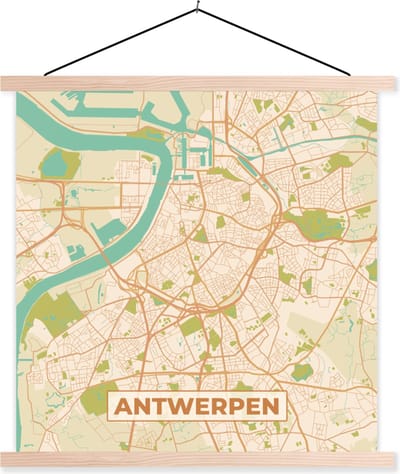 Posterhanger incl. Poster 40x40 cm - Schoolplaat - Antwerpen - Stadskaart - Kaart - Plattegrond - Antwerpen - Textielposter - Blanke latten - Stadskaart